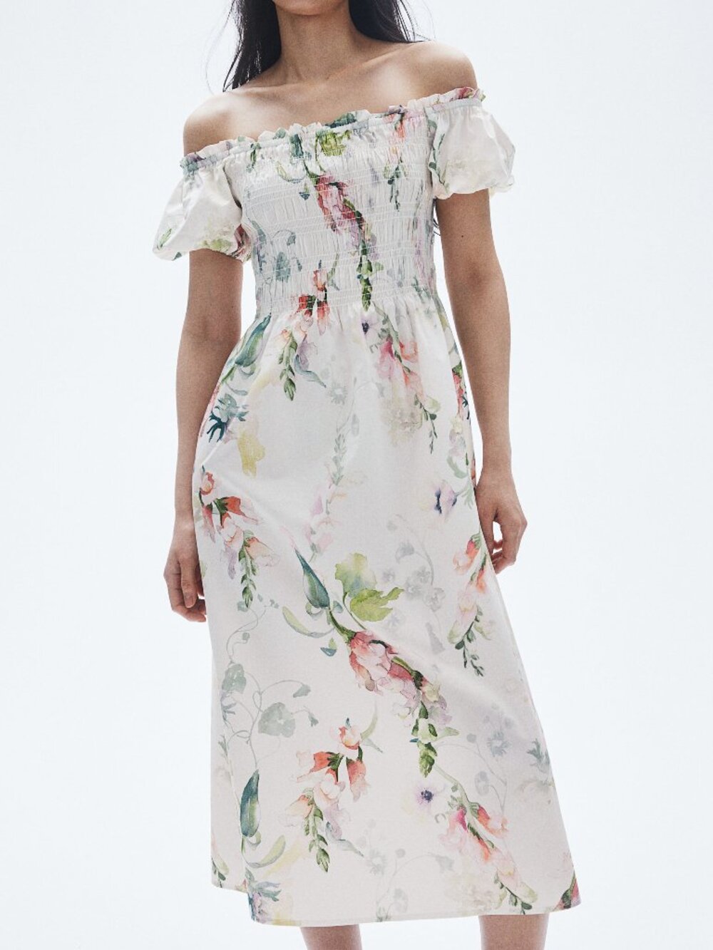 H&M Sz L Floral Print Off the Shoulder Puff-Sleeve Smocked Poplin Midi Dress